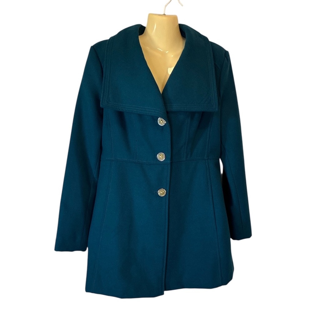 Jessica Simpson Tailored Coat Silver Gold Buttons Classic Teal Blue Large